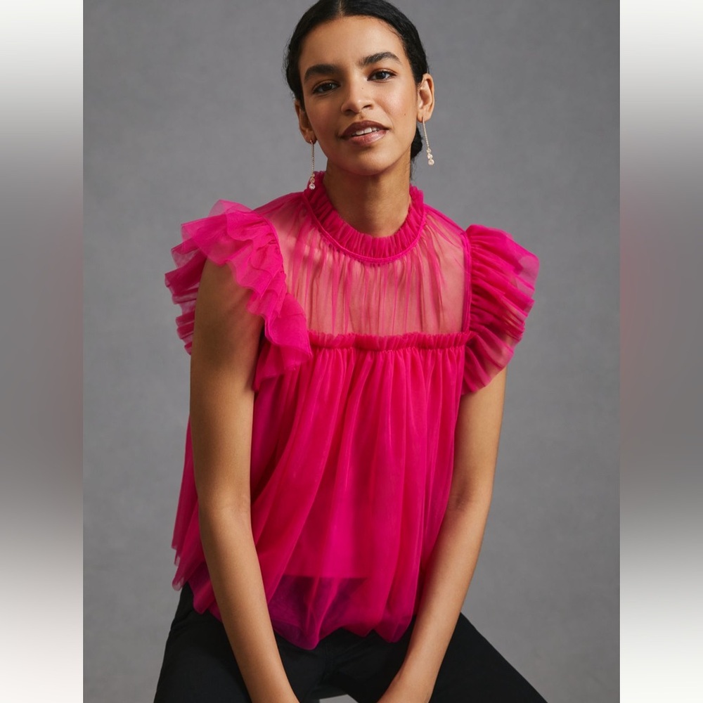 Sunday in Brooklyn Ruffled Mesh Top Sz S PINK ANTHROPOLOGIE NWT